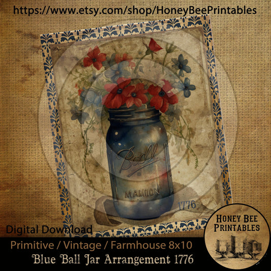 Vintage Primitive Farmhouse Instant Download Printable Sublimation Decoupage 8x10 Cans Labels Patriotic Americana Blue Ball Jar Flowers 1776