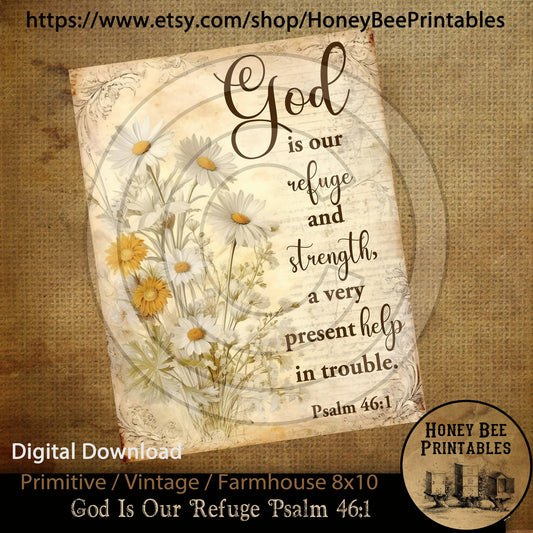 Vintage Primitive Farmhouse Instant Download Printable Sublimation Decoupage 8x10 JPEG Labels God Is Our Refuge and Strength Psalm 46:1