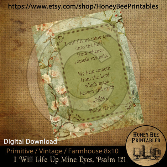 Vintage Primitive Farmhouse Instant Download Printable Sublimation Decoupage JPEG Labels Psalm 121 I Will Lift Up Mine Eyes To The Hills