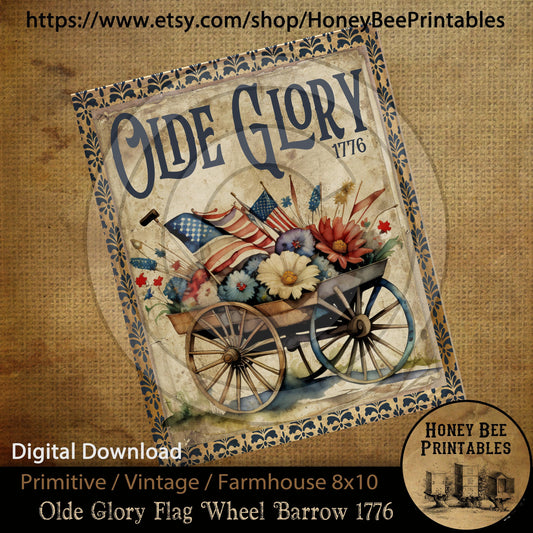 Vintage Primitive Farmhouse Instant Download Printable Sublimation Decoupage Cans Labels Patriotic Americana Olde Glory Wheel Barrow Flowers