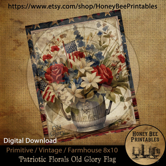 Vintage Primitive Farmhouse Instant Download Printable Sublimation Decoupage Patriotic Americana Flag Floral Flower Arrangement Old Glory
