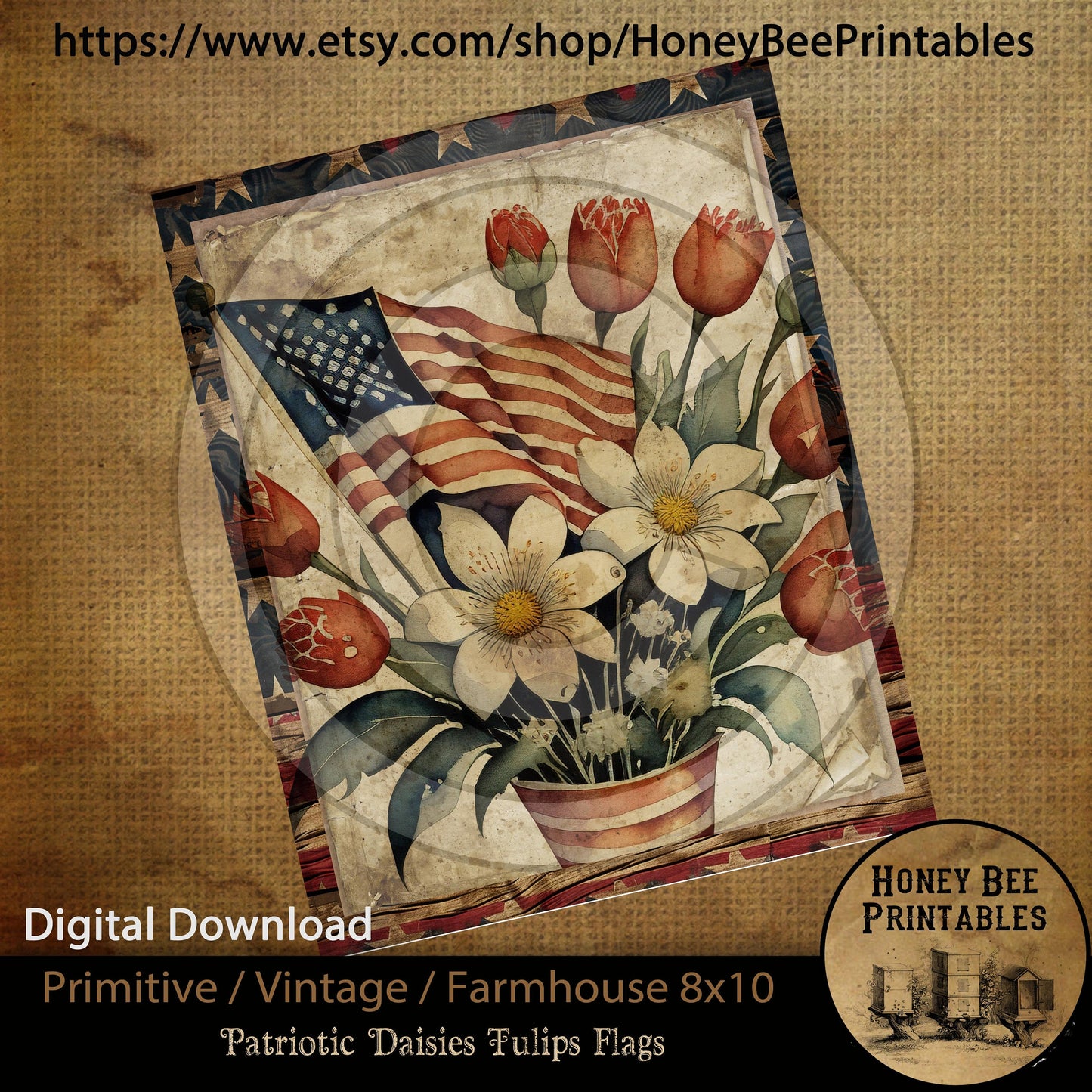 Vintage Primitive Farmhouse Instant Download Printable Sublimation Decoupage Patriotic Americana Flag Red Tulips Daisies Flowers Floral USA