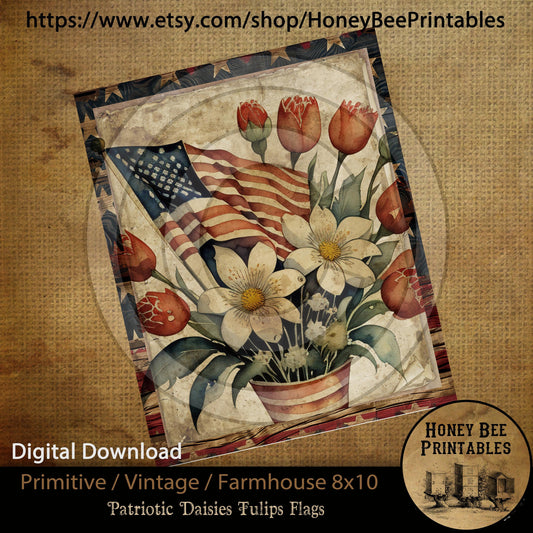 Vintage Primitive Farmhouse Instant Download Printable Sublimation Decoupage Patriotic Americana Flag Red Tulips Daisies Flowers Floral USA