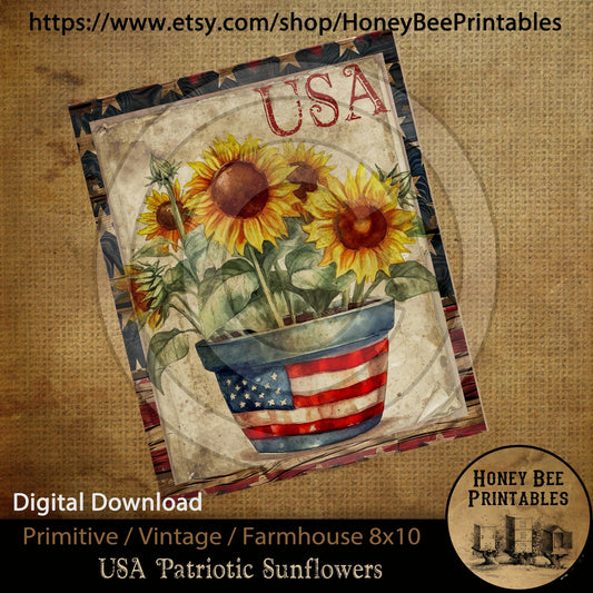 Vintage Primitive Farmhouse Digital Download Printable Sublimation Decoupage Patriotic Americana Flag Sunflowers Flower Pot Floral USA Red