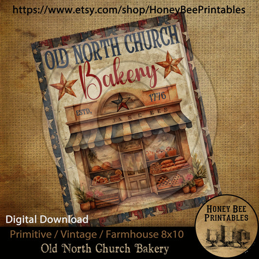 Vintage Primitive Farmhouse Digital Download Printable Sublimation Decoupage Patriotic Americana Old North Church Bakery 1776 Stars Stripes