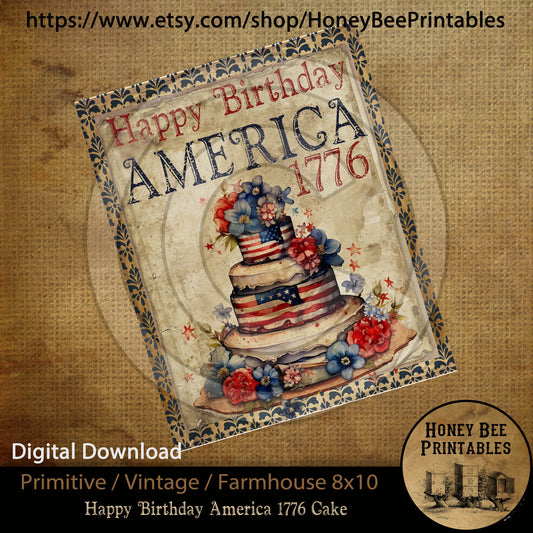 Vintage Primitive Farmhouse Digital Download Printable 8x10 JPEG Sublimation Decoupage Patriotic Americana Happy Birthday America 1776 Cake