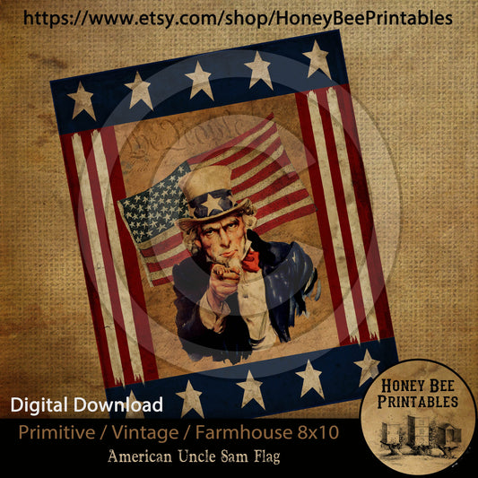 Vintage Primitive Farmhouse Digital Download Printable 8x10 JPEG Sublimation Decoupage Patriotic Americana Uncle Sam Flag Stars and Stripes