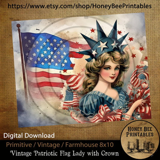 Vintage Primitive Farmhouse Digital Download Printable Sublimation Decoupage JPEG Labels Patriotic Grungy Flag Lady America Crown Stars USA