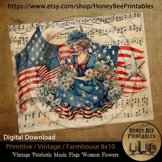 Vintage Primitive Farmhouse Digital Download Printable Sublimation Decoupage JPEG Labels Patriotic Grungy Flag Lady America Music Stars USA