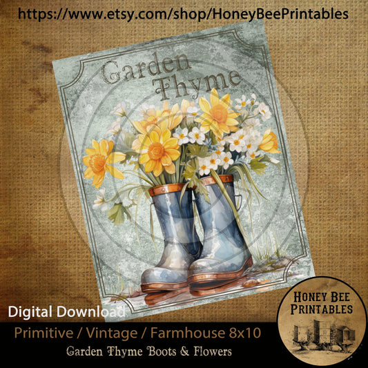 Vintage Primitive Farmhouse Instant Download Printable Sublimation Decoupage JPEG Labels  Rubber Boots Garden Thyme Spring Yellow Daffodils