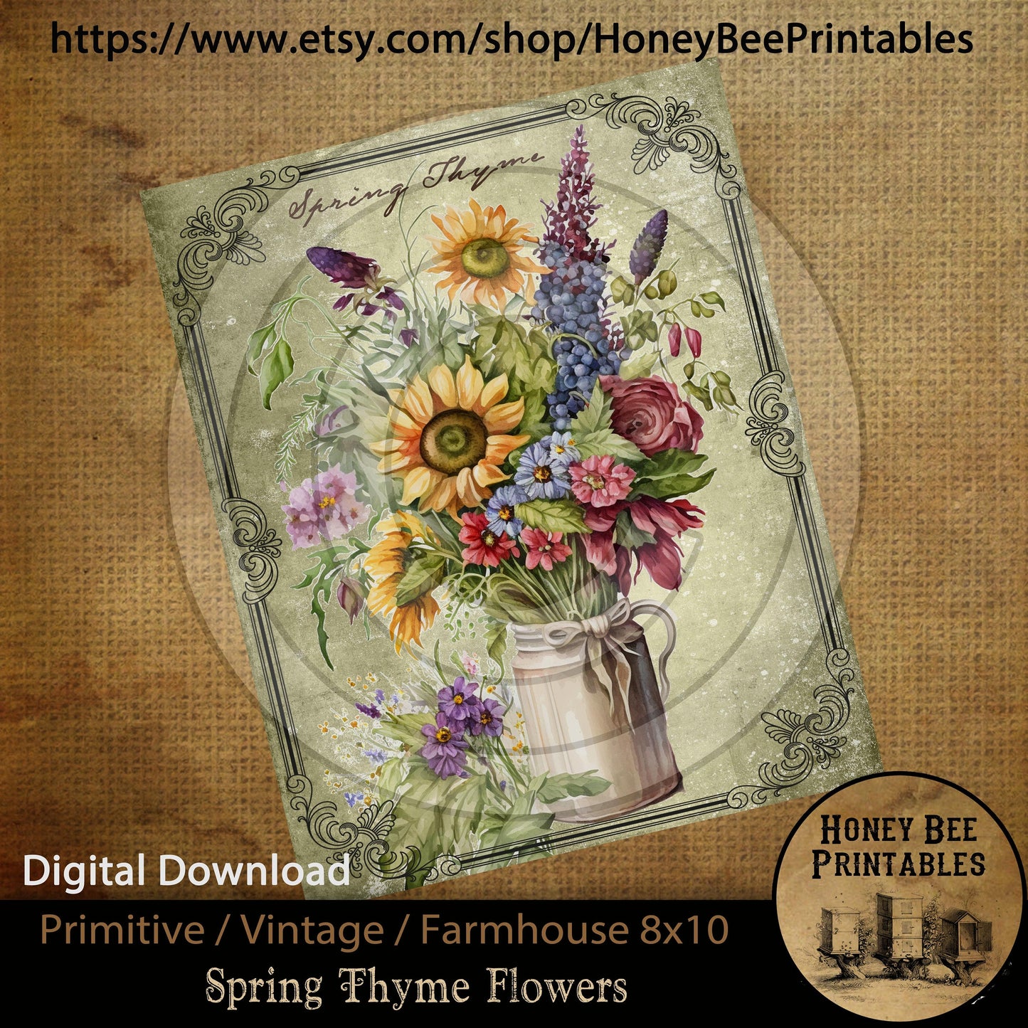 Vintage Primitive Farmhouse Instant Download Printable Sublimation Decoupage JPEG Labels Floral Flower Arrangement Spring Thyme Wildflowers