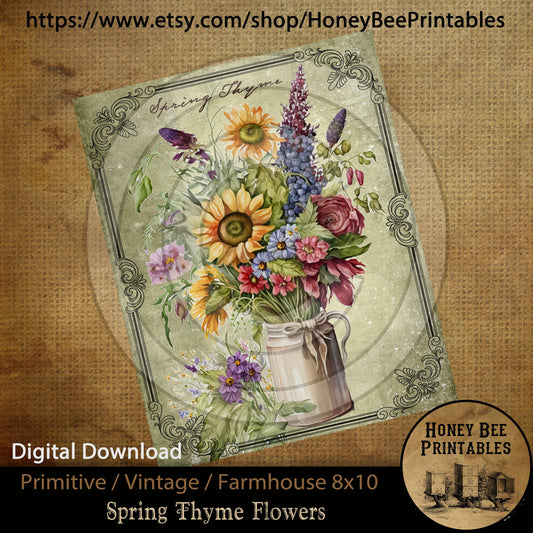 Vintage Primitive Farmhouse Instant Download Printable Sublimation Decoupage JPEG Labels Floral Flower Arrangement Spring Thyme Wildflowers
