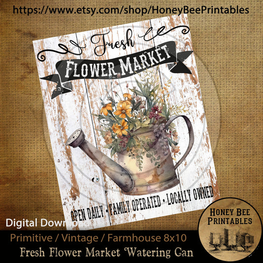 Vintage Primitive Farmhouse Instant Download Printable Sublimation Decoupage JPEG Labels Fresh Flower Market Watering Can Distressed Sign