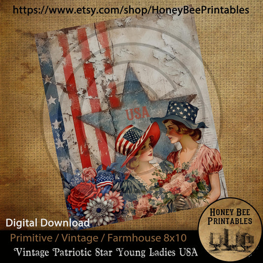 Vintage Primitive Farmhouse Digital Download Printable Sublimation Decoupage JPEG Labels Patriotic Grungy Flag Young Ladies America Stars