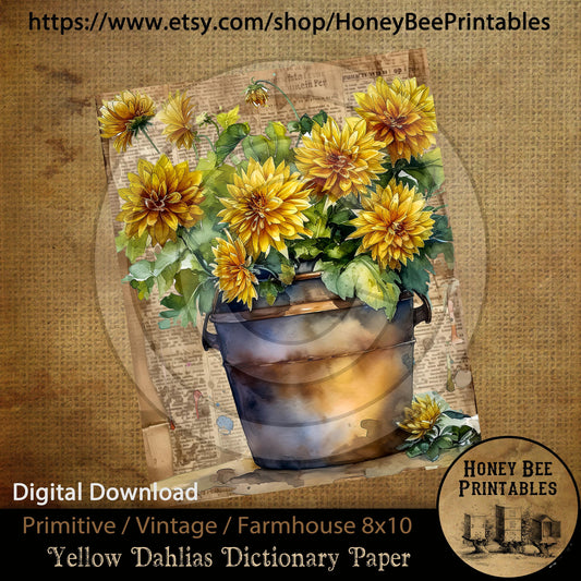 Vintage Primitive Farmhouse Instant Download Printable Sublimation Decoupage JPEG Labels Yellow Dahlias Flowers Summer Dictionary Paper 8x10