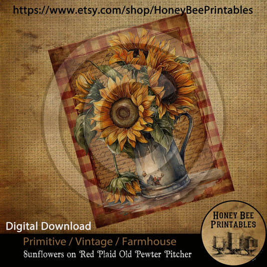 Vintage Primitive Farmhouse Digital Download Printable Sublimation Decoupage Labels JPEG Summer Flowers Grungy Sunflowers Pewter Pitcher Two