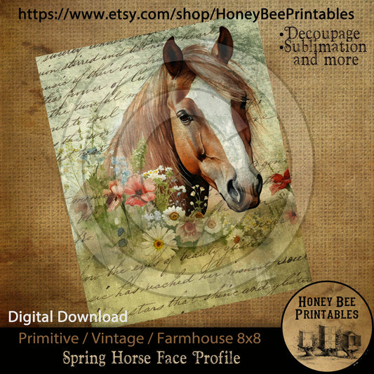 Vintage Primitive Farmhouse Digital Download Printable Sublimation Decoupage 8x10 Cans Labels Spring Western Horse Profile  Fence Flowers