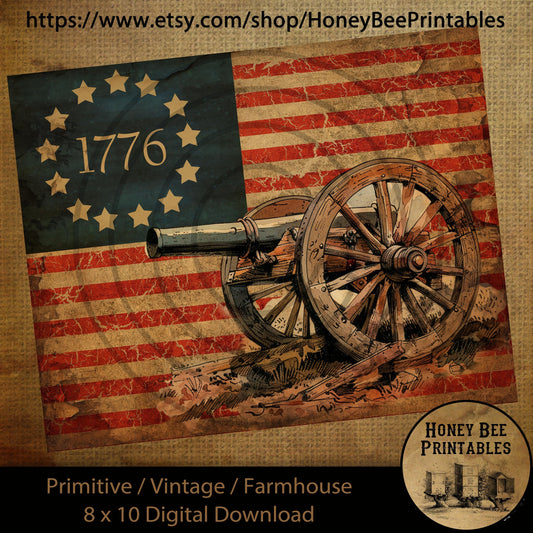 Vintage Primitive Farmhouse Digital Download Printable Sublimation Decoupage JPEG Labels Patriotic Grungy 13 Star American Flag Cannon