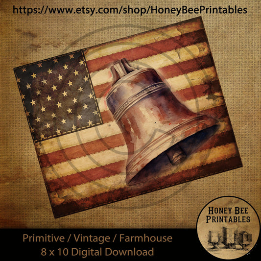 Vintage Primitive Farmhouse Digital Download Printable Sublimation Decoupage Labels Patriotic Grungy American Flag Liberty Bell 1876 Bronze