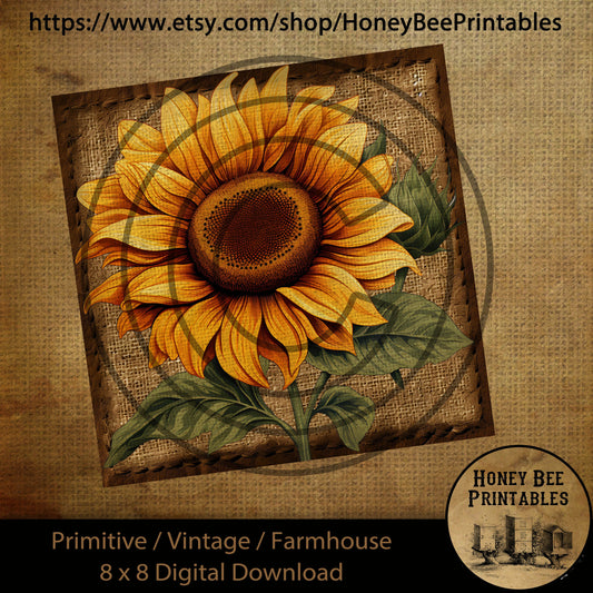 Vintage Primitive Farmhouse Digital Download Printable Sublimation Decoupage Honey Bee on Sunflower 8x8 Tiered Tray Burlap, cans, labels