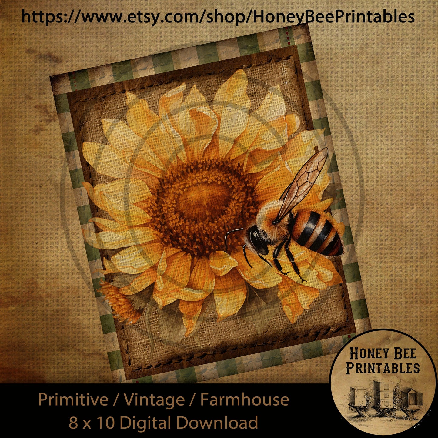 Vintage Primitive Farmhouse Digital Download Printable Sublimation Decoupage Labels Summer Flowers Grungy Sunflowers Green Plaid Border Bee