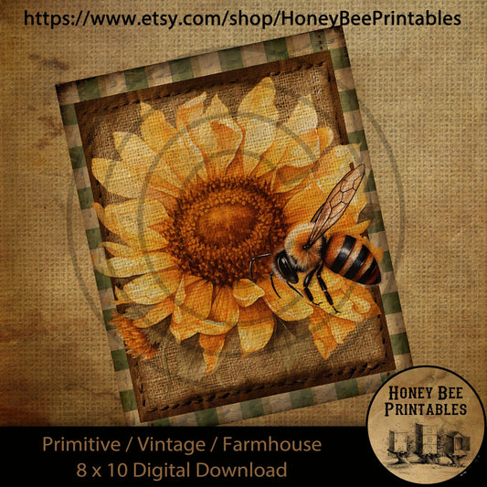 Vintage Primitive Farmhouse Digital Download Printable Sublimation Decoupage Labels Summer Flowers Grungy Sunflowers Green Plaid Border Bee
