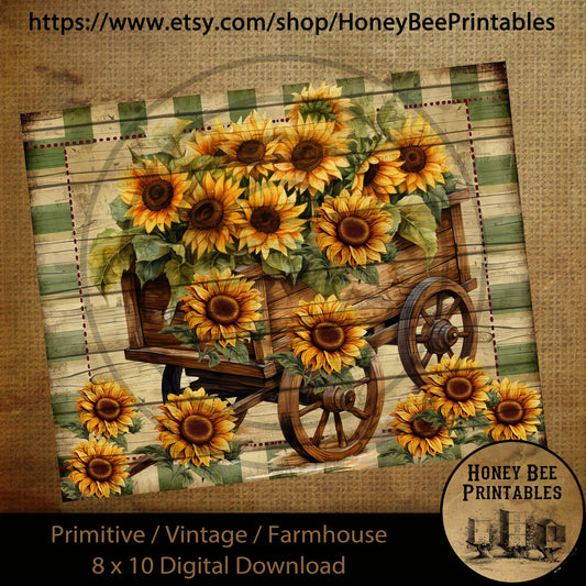 Vintage Primitive Farmhouse Digital Download Printable Sublimation Decoupage Labels Summer Flowers Grungy Sunflowers Old Wagon Green Plaid