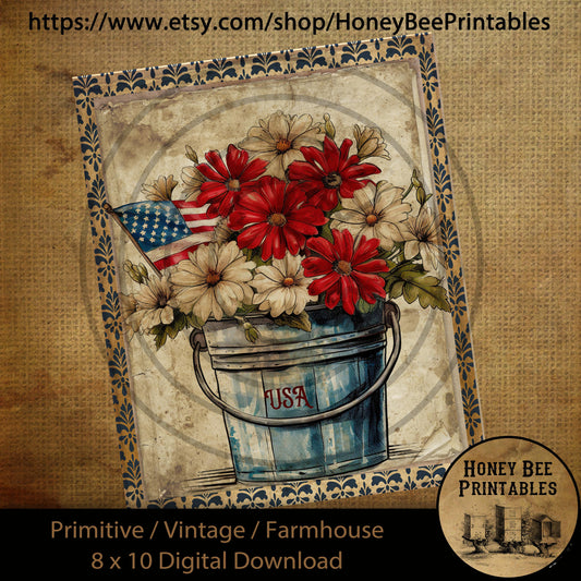 Vintage Primitive Farmhouse Digital Download Printable 8x10 Sublimation Decoupage Cans Labels Patriotic Americana Old Bucket Red Daisies USA