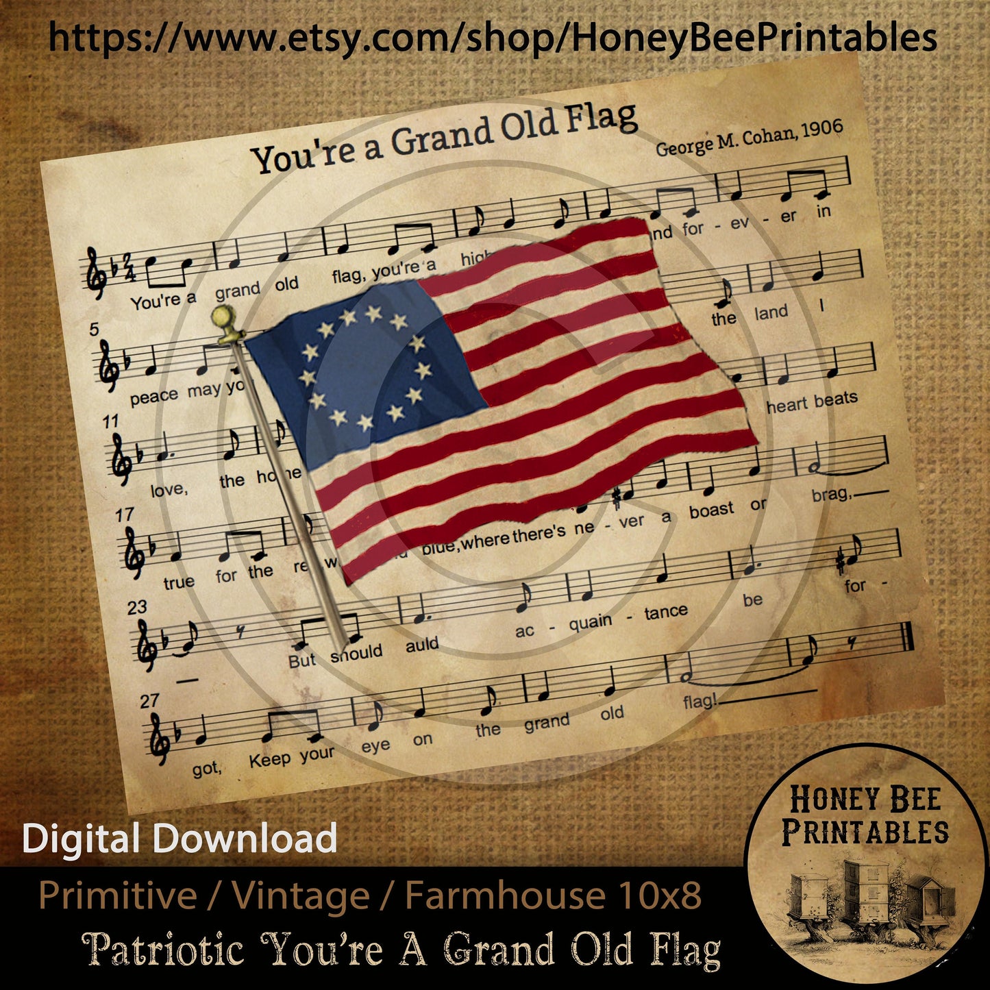 Vintage Primitive Farmhouse Instant Download Printable Sublimation Decoupage JPEG Labels You're A Grand Old Flag Americana Patriotic 1776