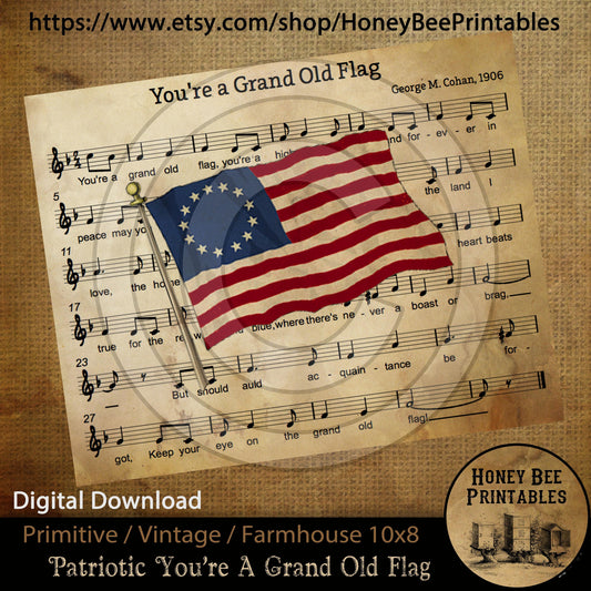 Vintage Primitive Farmhouse Instant Download Printable Sublimation Decoupage JPEG Labels You're A Grand Old Flag Americana Patriotic 1776