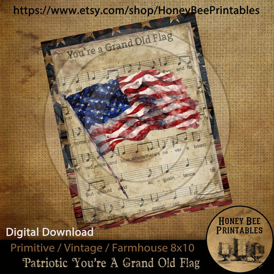 Vintage Primitive Farmhouse Instant Download Printable Sublimation Decoupage JPEG Labels You're A Grand Old Flag Americana Patriotic Color
