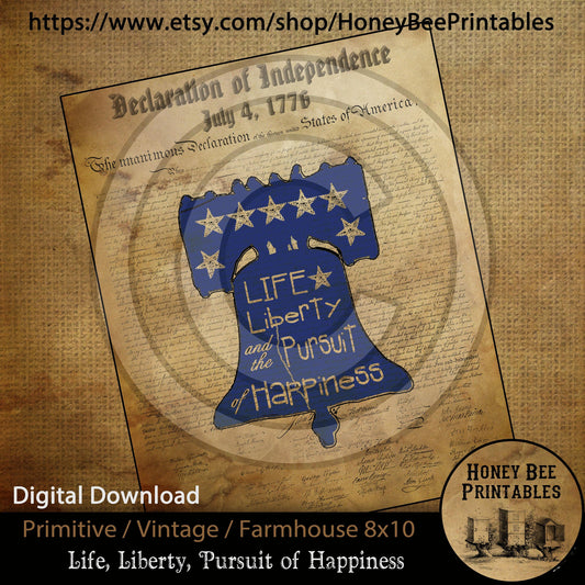 Vintage Primitive Farmhouse Digital Download Printable Sublimation Decoupage Independence Day Patriotic Life Liberty Pursuit of Happiness