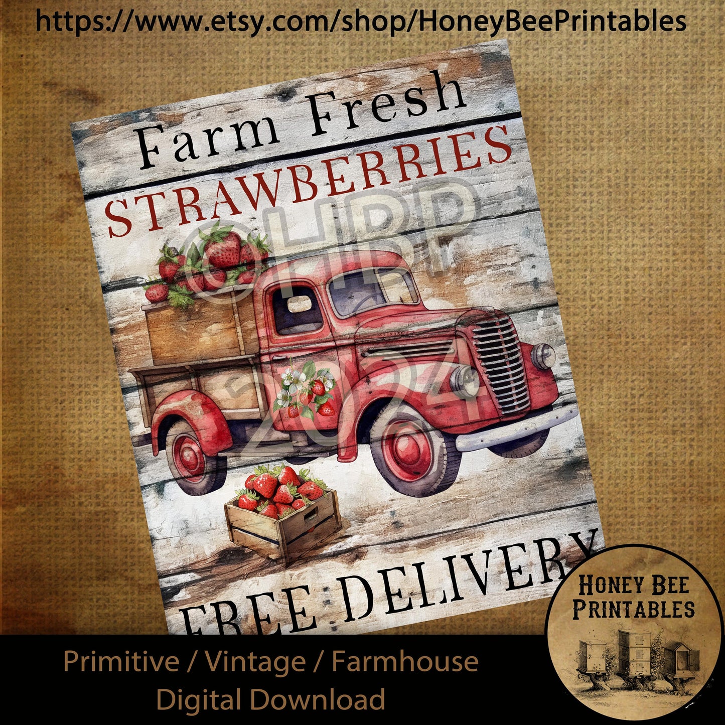 Vintage Primitive Farmhouse Digital Download Printable Sublimation Decoupage Labels Summer Strawberry Red Truck, Strawberries, Free Delivery