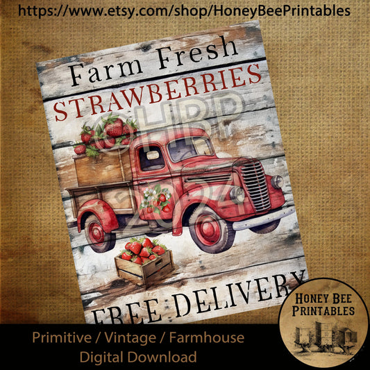 Vintage Primitive Farmhouse Digital Download Printable Sublimation Decoupage Labels Summer Strawberry Red Truck, Strawberries, Free Delivery