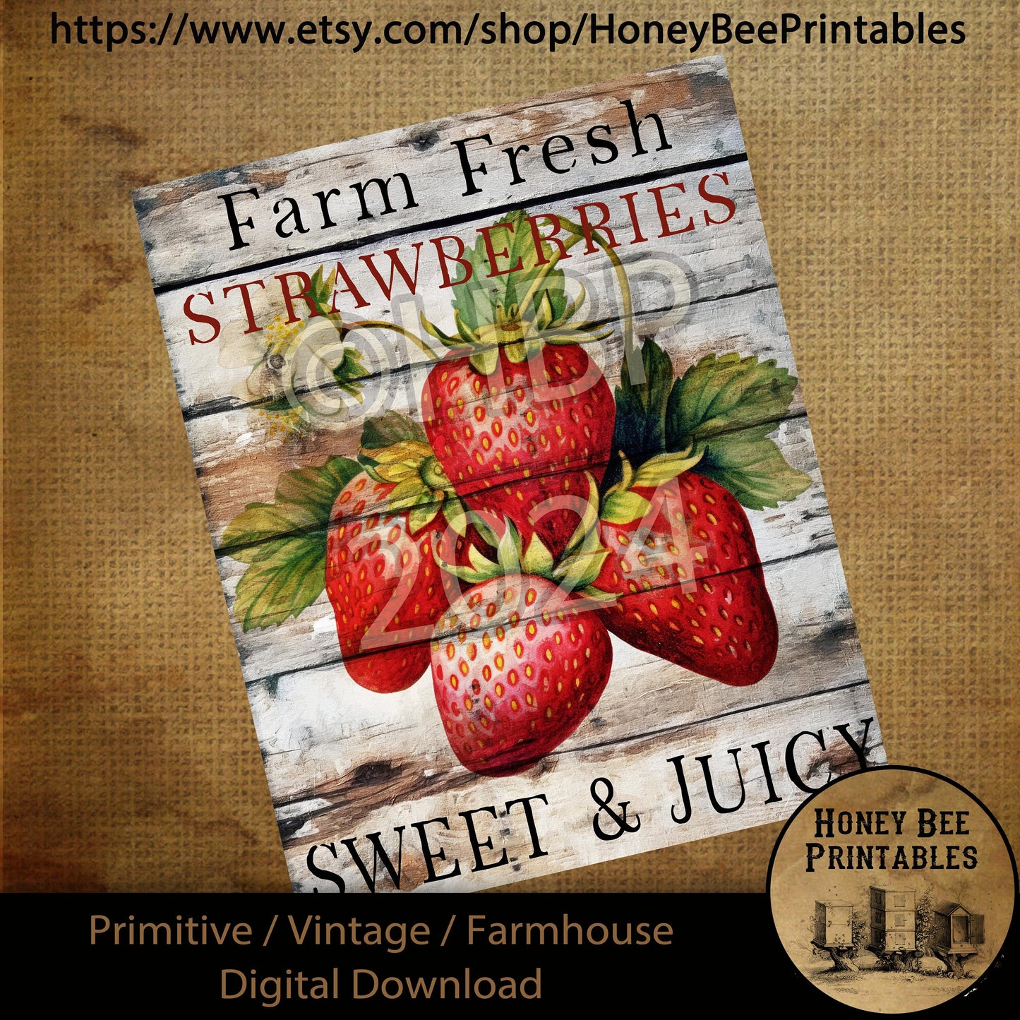 Vintage Primitive Farmhouse Digital Download Printable Sublimation Decoupage Labels Summer Strawberries Farm Fresh Sweet Juicy Strawberry