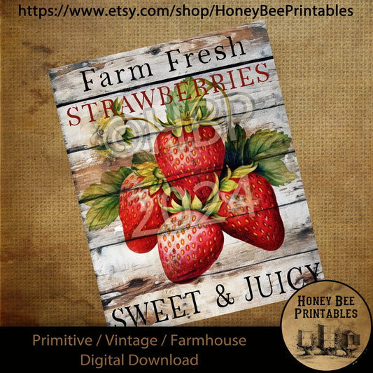 Vintage Primitive Farmhouse Digital Download Printable Sublimation Decoupage Labels Summer Strawberries Farm Fresh Sweet Juicy Strawberry