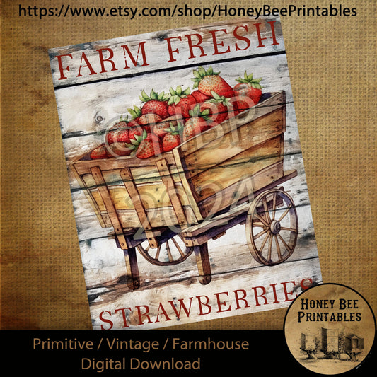 Vintage Primitive Farmhouse Digital Download Printable Sublimation Decoupage Labels Summer Farm Fresh Strawberries Old Wagon Strawberry