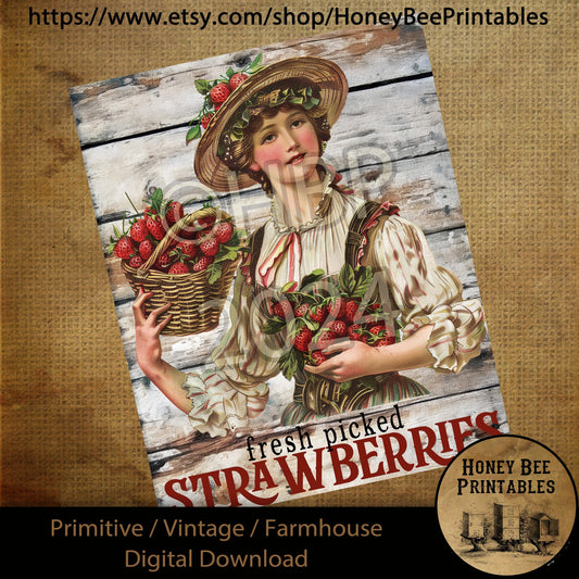 Vintage Primitive Farmhouse Digital Download Printable Sublimation Decoupage Labels Summer Farm Fresh Picked Strawberries Strawberry Fruit