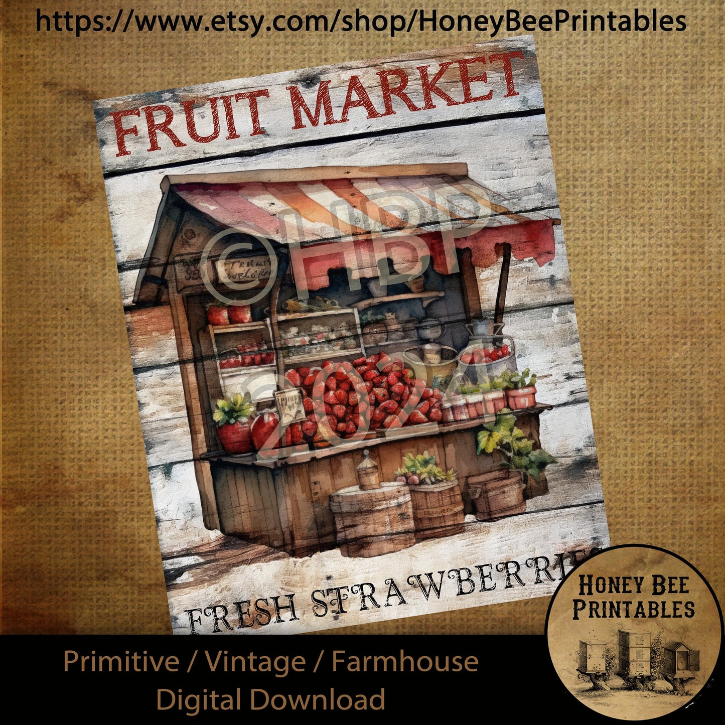 Vintage Primitive Farmhouse Digital Download Printable Sublimation Decoupage Labels Summer Farm Fresh Strawberries, Fruit Stand, Strawberry