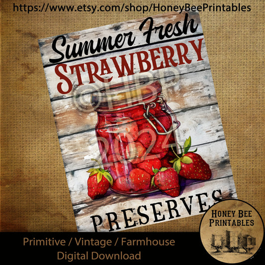 Vintage Primitive Farmhouse Digital Download Printable Sublimation Decoupage Labels Summer Strawberries , Strawberry Preserves, Jams, Jelly