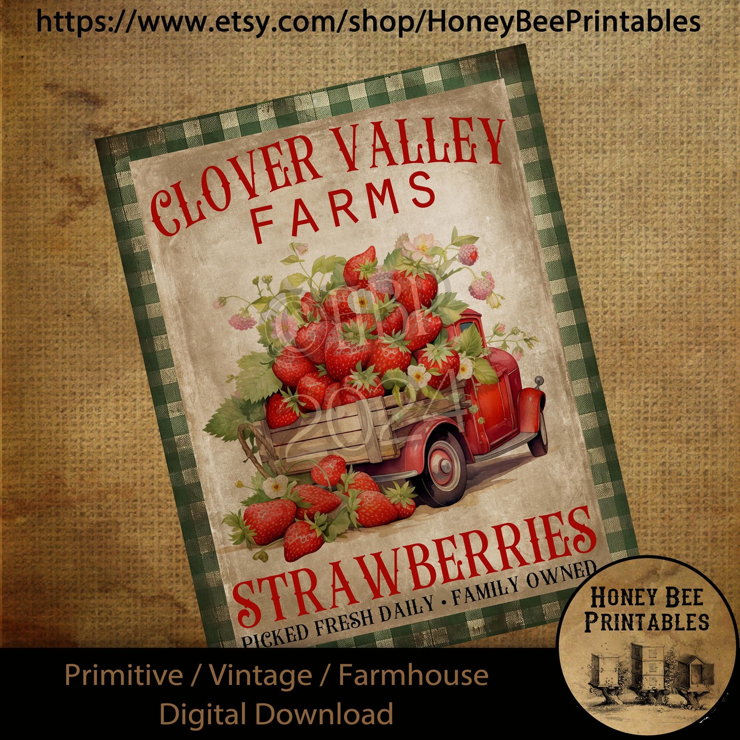 Vintage Primitive Farmhouse Digital Download Printable Sublimation Decoupage Labels  Clover Valley Farms, Strawberries, Red Truck, Country