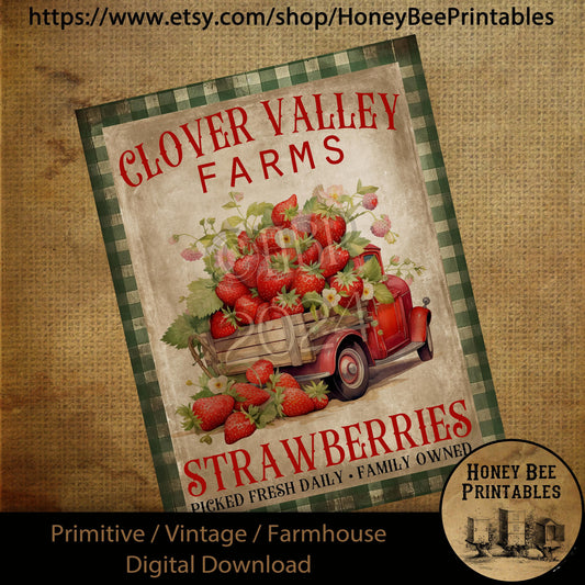 Vintage Primitive Farmhouse Digital Download Printable Sublimation Decoupage Labels  Clover Valley Farms, Strawberries, Red Truck, Country