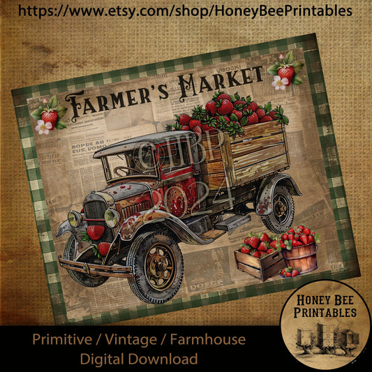 Vintage Primitive Farmhouse Digital Download Printable Sublimation Decoupage Labels Farmers Market, Old Truck, Strawberries, Country, Berry