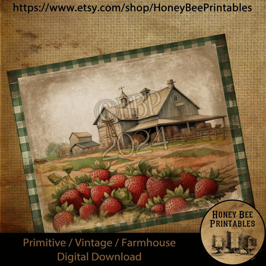 Vintage Primitive Farmhouse Digital Download Printable Sublimation Decoupage Labels, Strawberry Farm, Old Barn, Strawberries, Farm, Country