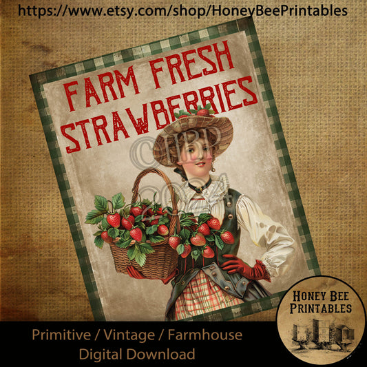 Vintage Primitive Farmhouse Digital Download Printable Sublimation Decoupage Labels, Farm Fresh Strawberries, Victorian, Country, Strawberry