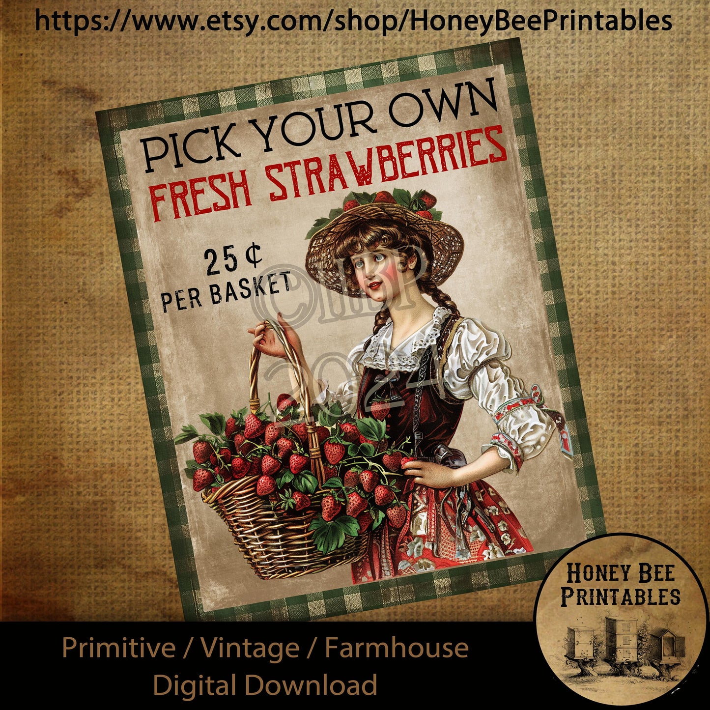 Vintage Primitive Farmhouse Digital Download Printable Sublimation Decoupage Labels, Pick Your Own, Fresh Strawberries, Victorian, Country