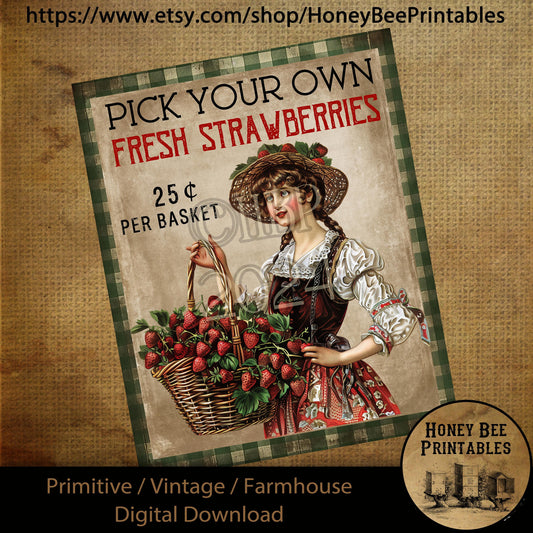Vintage Primitive Farmhouse Digital Download Printable Sublimation Decoupage Labels, Pick Your Own, Fresh Strawberries, Victorian, Country