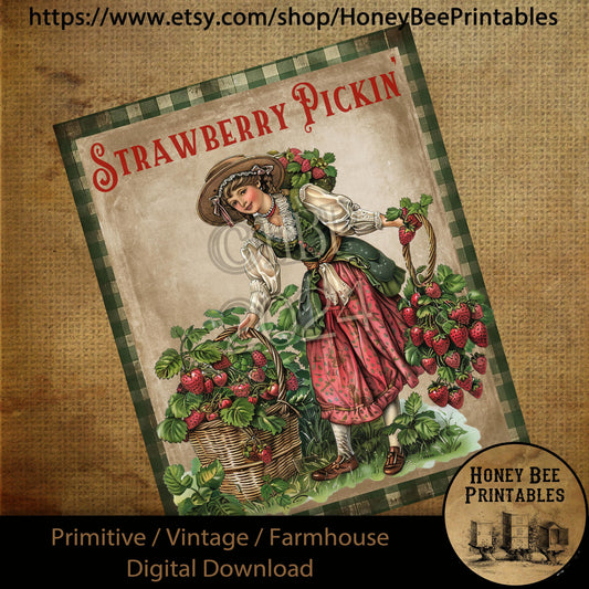 Vintage Primitive Farmhouse Digital Download Printable Sublimation Decoupage Labels, Strawberry Pickin, Victorian, Country, Fresh Berries