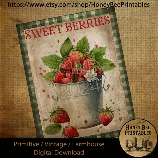 Vintage Primitive Farmhouse Digital Download Printable Sublimation Decoupage Labels, Sweet Berries, Strawberries, Old Bucket, Country,