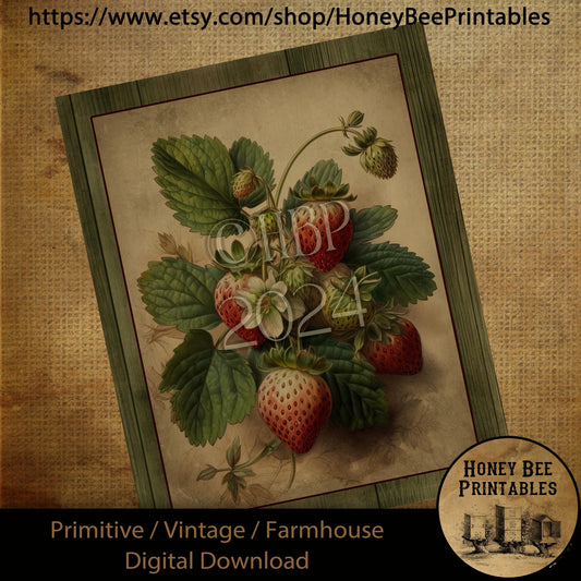 Vintage Primitive Farmhouse Digital Download Printable Sublimation Decoupage Labels, Vintage Strawberries, Bunch of Berries, Country, Wood 1